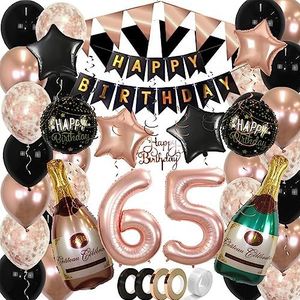 65 Jaar Feest Verjaardag Versiering Confetti Helium Ballonnen Slingers Happy Birthday Rose Goud & Zwart XL SET – 60 Stuks