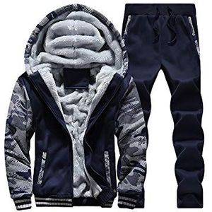 Heren Winter Warm Fleece Camouflage Sportpak, Casual Sportkleding Joggers Gym Activewear Lange Mouw Faux Fur Voering Trainingspak Set 2 Stuks Sets Volledige Zip Hoodies Sweat Broek Broek, Blauw, L