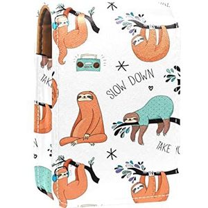 Draagbare Lipstick Case voor op reis, Mini Lipstick Opbergdoos met spiegel voor dames dames, Lederen cosmetische etui Leuke luiaard Slowe Down Neem de tijd, Meerkleurig, 9.5x2x7 cm/3.7x0.8x2.7 in