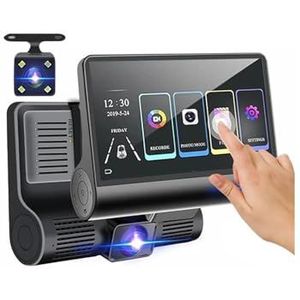 Dashcam 4 Inch Touchscreen Auto DVR 1080P Dash Cam 3-kanaals Voor- En Achtercamera Recorder Nachtelijke Lusopname G-sensor Autocamera(Front Interior)