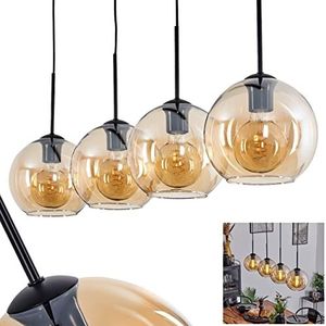 Koyoto hanglamp, metaal/glas hanglamp in zwart/amber/helder, 4-lamps lamp in vintage/retro design met glazen kappen (Ø 20 cm), hoogte max. 152,5 cm, E27, gloeilampen niet inbegrepen