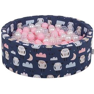 KiddyMoon Babyballenbak van schuim met ballen, 90 x 30 cm / 300 ballen van ∅ 7 cm, rond gemaakt in de EU, schapen-donkerblauw/poederroze-parelkleurig - transparant