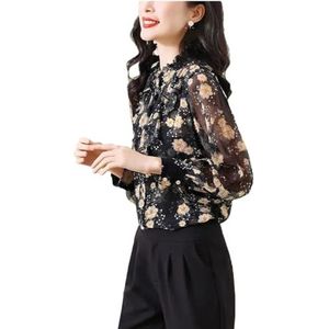 Dvbfufv Dames vintage losse bedrukte opstaande kraag ruches print shirt dames herfst kantoor chiffon blouses tops, Zwart, XL