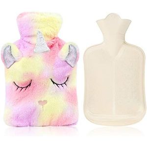 Warmwaterkruik met hoes, afneembare en wasbare zachte eenhoorn flessenhoes, natuurlijk rubber, 1 l (rood en geel)