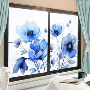 Aquarel blauwe bloemen raamfilm warmteblokkerende rustieke natuur bloemen privacy raamdecoratie glazen deurbekleding niet-klevende raamfilm voor badkamer keuken 90 x 160 cm x 2 stuks