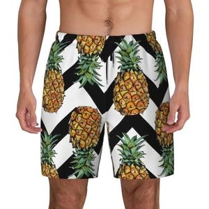YJxoZH Ananas met zwart-wit gestreepte print heren zwembroek board shorts surfen rekbare strandshorts, sneldrogende zwemshorts, Zwart, 3XL