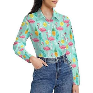 Roze flamingo ananassen damesshirt lange mouwen button down blouse casual werk shirts tops 2XL