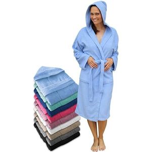 LEBENGOOD Damesbadjas met capuchon 100% katoen - Unisex badjas van badstof 450 g/m², met ceintuur en zakken, ideaal na douche, bad of zwembad (S, Hemelsblauw)