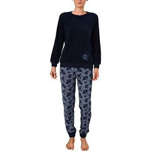 63695 Badstof pyjama voor dames, lange mouwen, met manchetten, elegante bloemenlook, marineblauw, 48