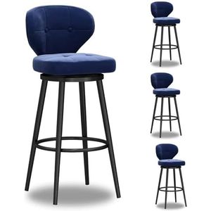 JAVYPPT Draaibare barkrukken set moderne barkrukken met rugleuning en zwarte metalen poten fluweel gestoffeerde hoge barstoelen voor keukeneiland/ontbijt bar/café (blauw-4 stuks, 75 cm)