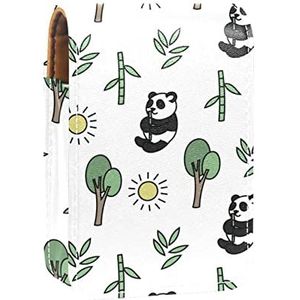 Leuke Panda Eten Bamboe Zonneboom Cartoon Draagbare Lipstick Case voor Reizen, Mini Lipstick Opbergdoos met Spiegel voor Vrouwen Dames, Lederen Cosmetische Pouch, Meerkleurig, 9.5x2x7 cm/3.7x0.8x2.7 in