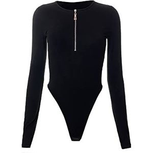 FDEETY Damesbody met lange mouwen, ronde hals, bodysuit, shirts, stringbody overall, sexy, elegante bodysuit, top, zwart, M