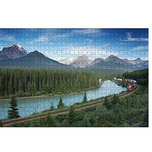 Puzzel 1000 stukjes trein met trein in Banff Nationaal Park van de Canadese Rocky Mountains, houten puzzel voor volwassenen, familiespellen puzzel voor kinderen