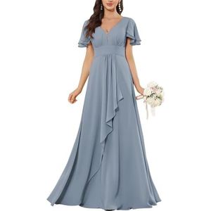 HPPEE Flutter Mouw V-hals Chiffon Bruidsmeisjesjurken voor Vrouwen Ruches A-lijn Maid of Honor Formele Avondjurk, Dusty Blauw, 32