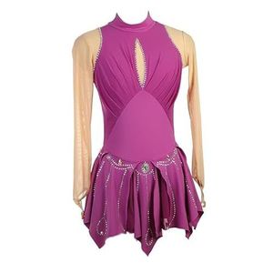Nnnydjy Kunstschaatsjurk Voor Dames Meisjes Schaatswedstrijdkostuums Turnpakjes Met Hoge Kraag Lange Mouwen Met Haak,Purper,11_13Years