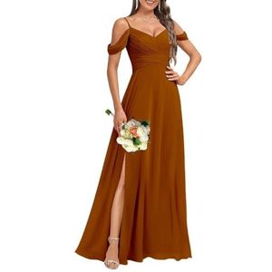 HPPEE Dames koude schouder V-hals chiffon bruidsmeisjes jurken met split geplooide formele jurk avondjurk, Verbrand Oranje, 32