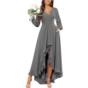 KURFACE Bruidsmeisjesjurken met lange mouwen voor vrouwen met zakken geplooide chiffon formele avondjurk feestjurk, Grijs, 32