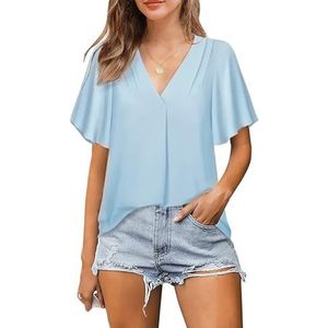 HHuiXinXue Elegante casual chiffon blouse voor dames, V-hals, korte mouwen, eenkleurige blouses, tops, mode, zomerkostuums, Blauw, S