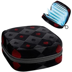 Maandverband Opbergtas, Menstruatie Cup Pouch Tampon Bag, Periode Pads Houder Organizer voor Vrouwen Meisjes, Zwart en Rood Poker Card Patroon