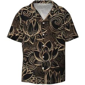 OdDdot Boho Gold Lotuses Bloemen Print Heren Button Down Shirt Korte Mouw Casual Shirt voor Mannen Zomer Business Casual Jurk Shirt, Zwart, XXL