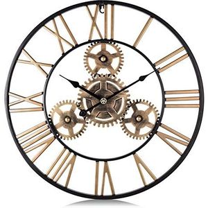 Lafocuse Stille Retro Goud Industriele Grote Wandklok met Tandwielen Metaal 60 cm Vintage Rond Romeinse Cijfers Muurklok voor Woonkamer Slaapkamer Bar