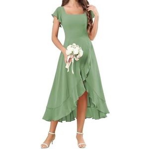 HPPEE Flutter Mouw Chiffon Bruidsmeisjesjurken voor Vrouwen Vierkante Hals Korte Avond Formele Jurk, Sage Groen, 32