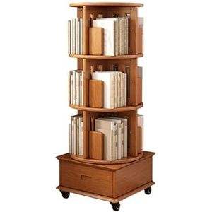 Boekenkast Boekenplanken Boekenplank Met 3 Niveaus, Lade En Wielen, 360° Draaibare Boekenplanken, Houten Boekenkast, Boekenplank Voor Woonkamer, Kantoor Boekenplank(Wood color)