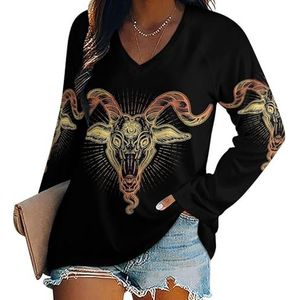 Satanic Goat Head Symbool Dames Lange Mouw V-hals T-shirts Herfst Tops Trui Tuniek Tee voor Leggings