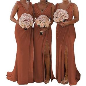 WSEYU Chiffon bruidsmeisjesjurk voor dames, met split, galajurken, plooien, cocktailjurk, grote maten, Verbrand Oranje, 32