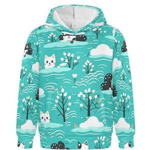 KAAVIYO Katten met herhalend patroon, blauw, hoodies, atletische hoodie, schattig, 3D-print, voor meisjes en jongens, Patroon, S