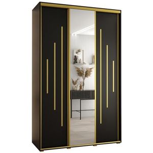 MEBLE KRYSPOL Davos 13 160 Kledingkast met drie schuifdeuren voor slaapkamer - Moderne Kledingkast met spiegel, kledingroede en planken - 235,2x160x60 cm - Zwart Zwart Goud