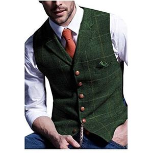 BGDRR Vest voor heren, gilet, plaid, tweed, Herringbone, wol, zakelijk, bruiloft, groen, zwart, grijs, kantoor (kleur: groen, maat: M)