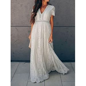 Kant Lange Jurk Vrouwen Sexy V-hals Korte Mouwen Hol Bloemen Kant Trouwjurk Party Boho Maxi Jurk Wit Gewaad Femme-beige,XXL