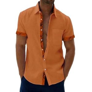 LQHYDMS Heren T-shirt Single Breasted Tops Heren Korte Mouw Patchwork Blouse Zomer Open Stitch Casual Shirts Kleding Plus Size S-5Xl, Oranje, XL