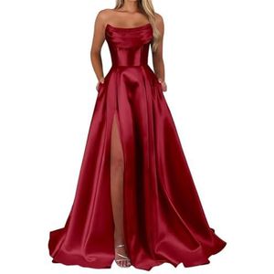 Satijnen bruidsmeisjesjurken voor dames, voor bruiloft, ruches, avondjurken, cocktailjurken, grote maten, wijnrood, 32