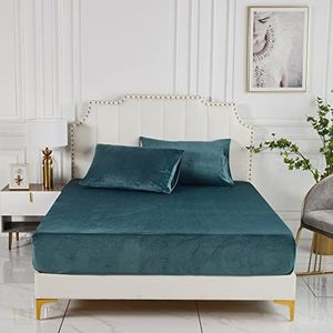 Damier Hoeslaken, 180 x 200 x 30 cm, petroleumblauw, warm pluche, wollig en zacht, voor de winter, voelt aan als kasjmier, geschikt voor matras van 30 cm hoog