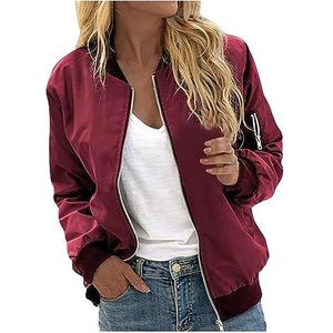 Bomberjack Kort Damesjack Lentelicht Overgangsjack Casual Pilotenjack Met Lange Mouwen Vintage Sportief Collegejack Met Ritssluiting Springjack Pilotenjack Motorjack(Rouge,XXL)