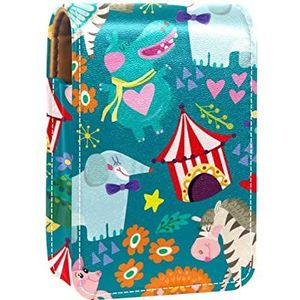 Lipgloss Houder Lipstick Case Draagbare Mini Lipstick Opbergdoos Reizen Lipstick Organizer Case met Spiegel voor Vrouwen Blauw Grappig Circus Dieren, Meerkleurig, 9.5x2x7 cm/3.7x0.8x2.7 in