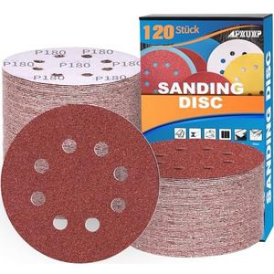 ALPXUXP Schuurschijven 125mm 120 stuks Klittenband Bruinachtig Rood Aluminiumoxide Schuurpapier Rond 8 Gaten Schuurpads Schuurbladen (korrel 40/60/80/120/180/240/320/400 x 15stuks)