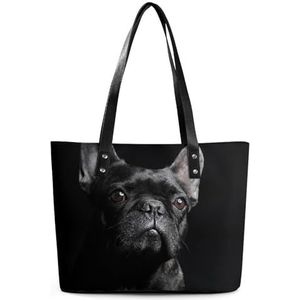 Portret van Zwarte Franse Bulldog Vrouwen Tote Bag PU Lederen Handtas Schoudertas Boodschappentassen Voor Werk Reizen