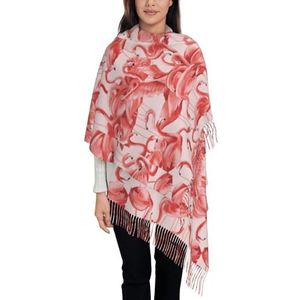 Flamingo Print Imitatie kasjmier lange fluwelen franje sjaal, winter zachte warme sjaal sjaal wraps., Zwart, Eén maat