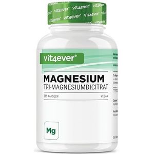 Magnesiumcitraat-365 Capsules - 2250mg waarvan 360 mg elementair magnesium per dagelijkse portie-100% tri-magnesium dicitraat zonder toevoegingen-Laboratorium getest - Hoog gedoseerd - Veganistisch
