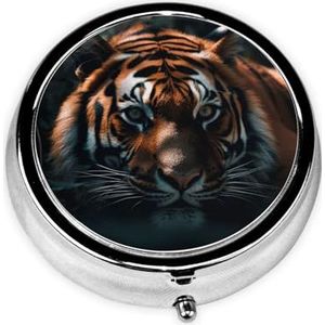 Wild Tiger Print Pillendoos 3 Compartimenten Ronde Pillendoos met Spiegel Metalen Pil Organizer Reizen Pillendoos Mini Geneeskunde Opbergdoos voor Pocket Purse