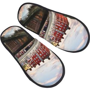 Brug zonsondergang rivier landschap print slippers zachte pluche huispantoffels warme instappers gezellige indoor outdoor slippers voor vrouwen, Zwart, one size