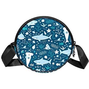 Messenger Bag Blue Sharks Pattern Crossbody Tas voor Vrouwen Rond, Meerkleurig, 6.7x6.7x2.3 in, Sling Rugzakken