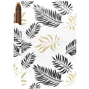Luxe gouden tropische bladeren draagbare lippenstift case voor op reis, Mini lippenstift opbergdoos met spiegel voor vrouwen dames, lederen cosmetische etui, Meerkleurig, 9.5x2x7 cm/3.7x0.8x2.7 in