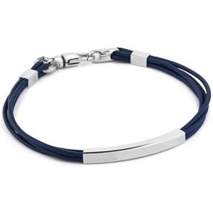 MBR218B Armband van blauw leer met gladde plaat, Zilver