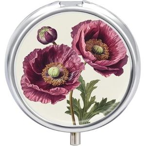 Handgeschilderde rode bloemen pillendoos 3 compartimenten ronde pillendoos met spiegel metalen pillenorganizer reizen pillendoos mini medicijn opbergdoos voor zak portemonnee
