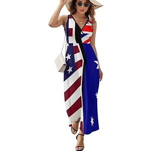Vlag van de Verenigde Staten en Australië, casual maxi-jurk voor dames, V-hals, zomerjurk, mouwloos, strandjurk, M