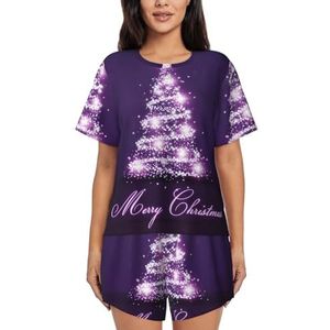 JIAWUJYNB Kerstpyjama met paarse boomprint voor dames met korte mouwen - comfortabele korte sets, nachtkleding met zakken, Zwart, XL